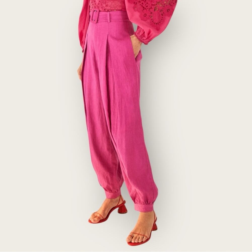 FARM Rio | Linen Pleated Pants with Belted Waist | Pink | Medium
